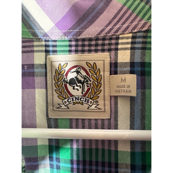 Cinch Men's Plaid Short Sleeve Shirt Size M Cotton Purple & Green - Picture 4 of 4